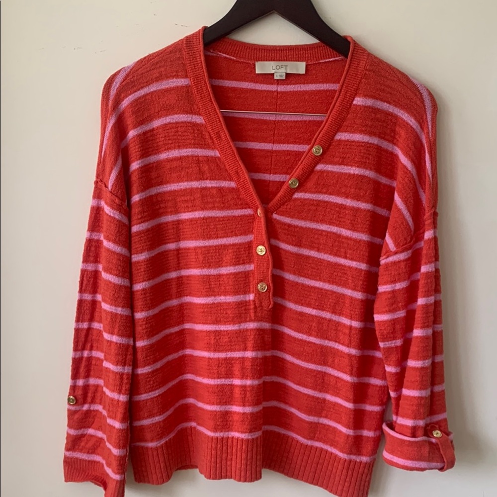 LOFT coral Red and pink stripe V-Neck Sweater with textured Knit gold buttons